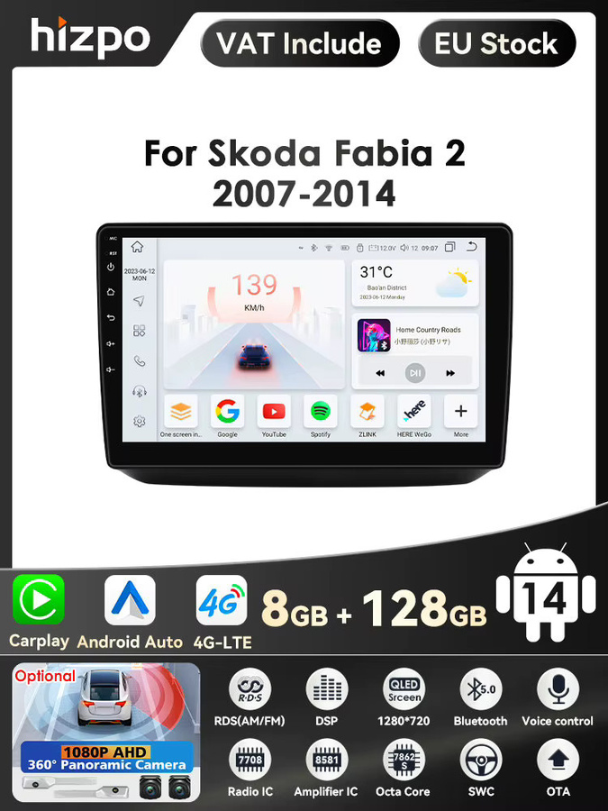 HIZPO Android Autoradio mit 10,1 Zoll QLED-Bildschirm für Skoda Fabia 2 (2007-2014), Snapdragon Qualcomm Prozessor, GPS, Carplay, 4G, WIFI und AI Intelligentes System, Schwarz - Bild 2