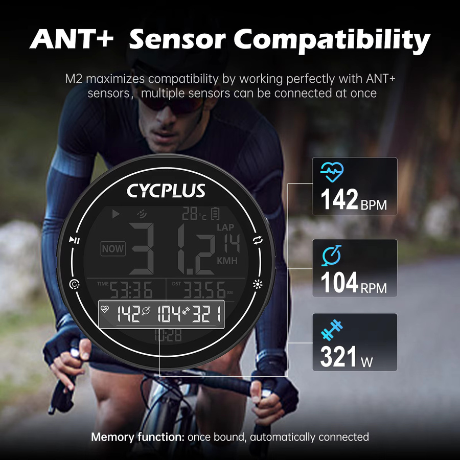 CYCPLUS M2 Drahtloser GPS-Fahrradcomputer mit ANT+ und Bluetooth, Wasserdichter Radcomputer für Rennrad und MTB in Schwarz - Bild 4