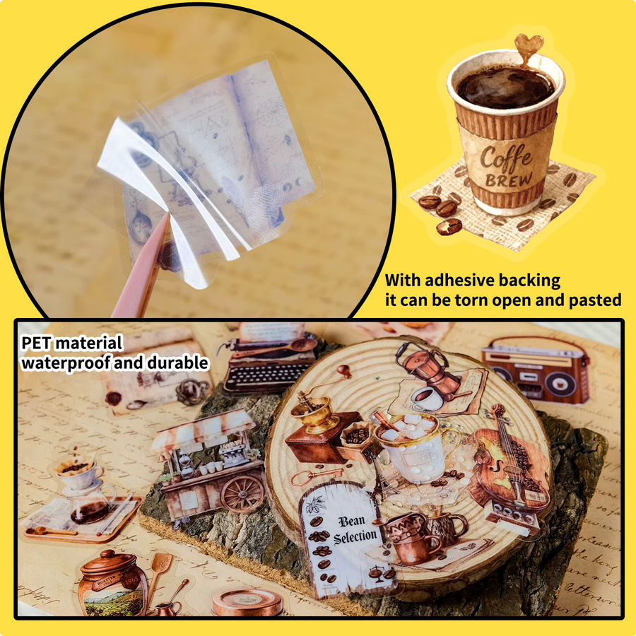 Retro Kaffee Aufkleber Set aus transparentem PET für Tagebuch, Telefon und Skateboard, Mehrfarbig - Bild 5