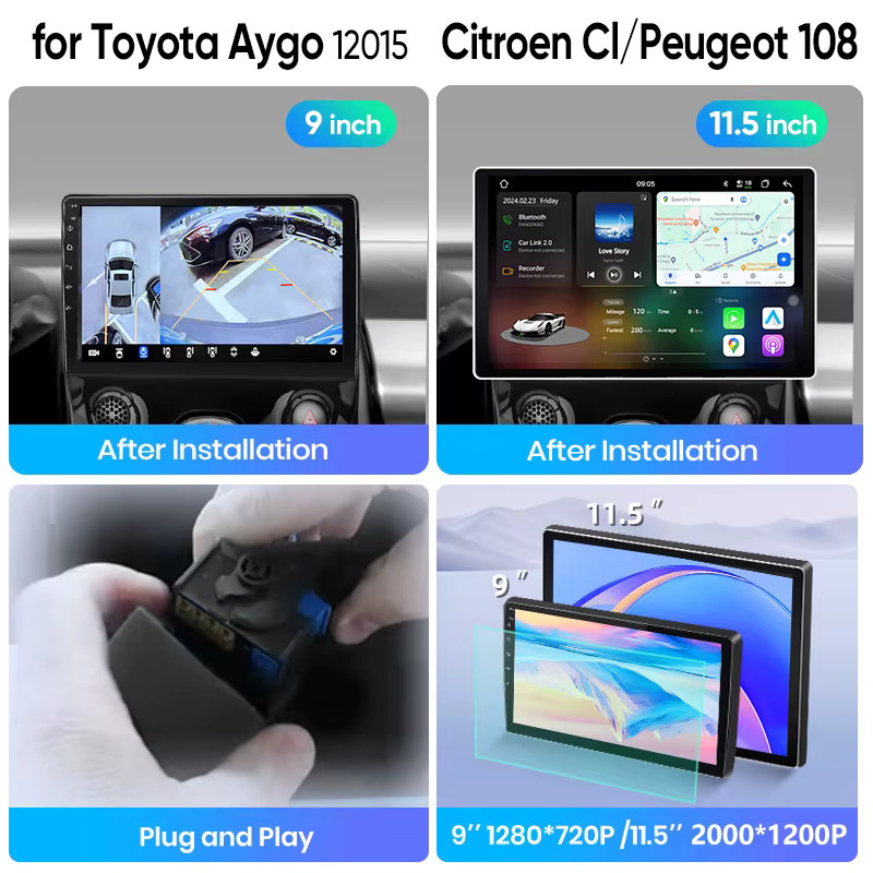 Junsun Android Auto Multimedia Radio mit GPS und drahtlosem CarPlay für Toyota Aygo 2015, Citroen C1 und Peugeot 108, Schwarz, 10.0 Zoll - Bild 3
