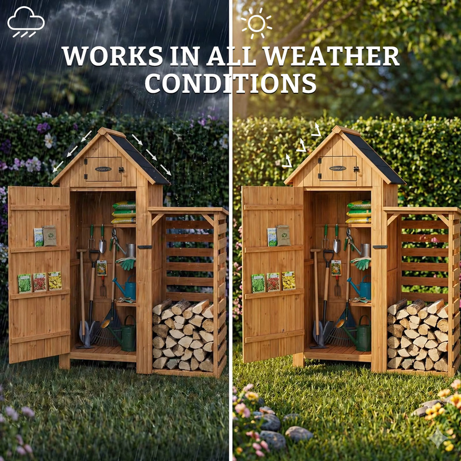 HOMAVO Gerätehaus aus Holz mit Kaminholzregal und Boden, Pultdach, Farbe: Sand/Braun, B/T/H: 131 x 54,3 x 179 cm - Bild 3