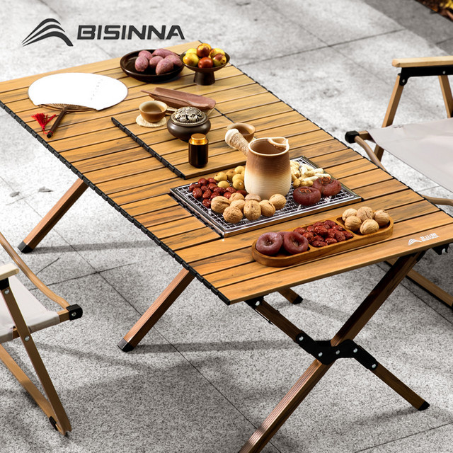 BISINNA Klappbarer Frühlingsrollentisch aus Aluminiumlegierung in Holzmaserung für Outdoor, Picknick und Grill - Bild 1