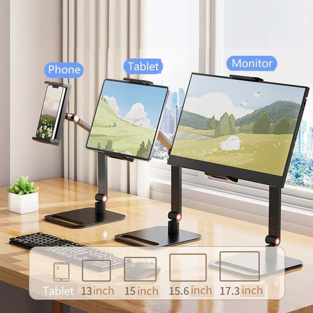 OULLX Faltbarer Schreibtischständer in Schwarz mit verstellbarer Höhe und Halterung für Smartphones und Tablets bis zu 17,3 Zoll sowie Monitor-Clip-Halterung - Bild 1