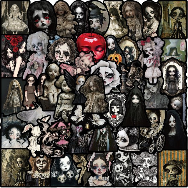 50 Stück PickJoy Gothic Horror Puppen Aufkleber in Pink und Multicolour, gruselige ästhetische Vinyl Sticker für Wandkunst und Dekoration - Bild 1