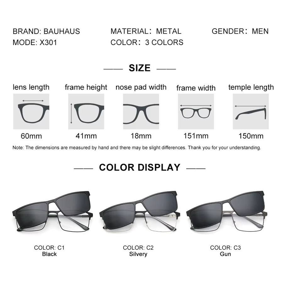 Bauhaus X301 Sonnenbrille Clip-on, Vollrand, Metall, Schwarz, Herren - Bild 2