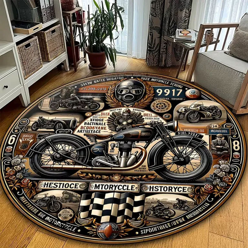 VIKAMA Runder Teppich im Vintage Motorrad Design mit karierter Flagge, rutschfest und waschbar, Multicolour, Durchmesser: 60 cm - Bild 2