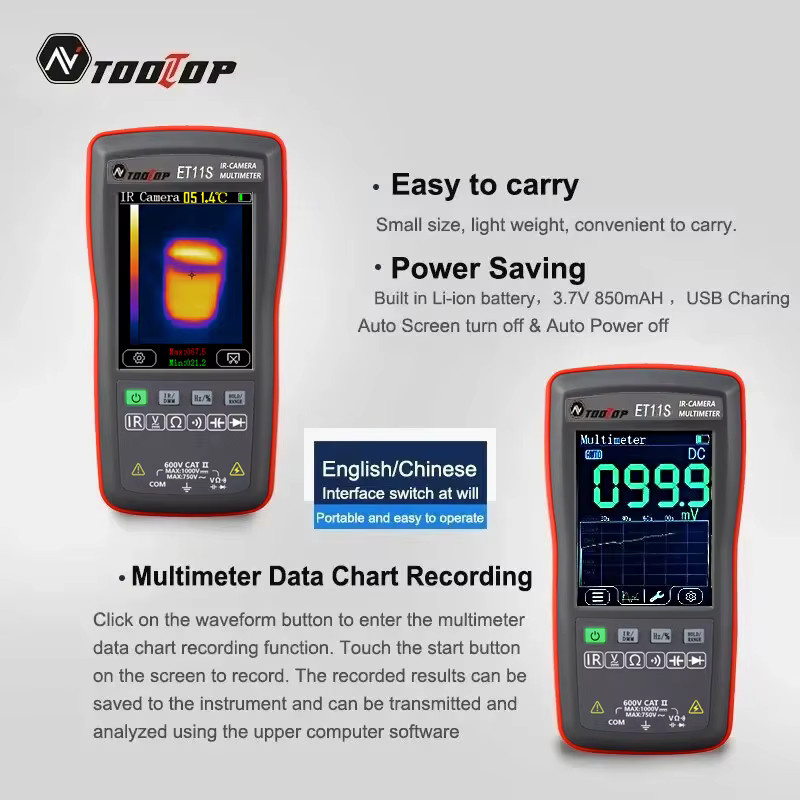 TOOLTOP ET11S Wärmebildkamera und Multimeter mit 2,8 Zoll Display, 4000 Counts, Temperaturmessung von -40 bis 300 °C, Schwarz - Bild 4