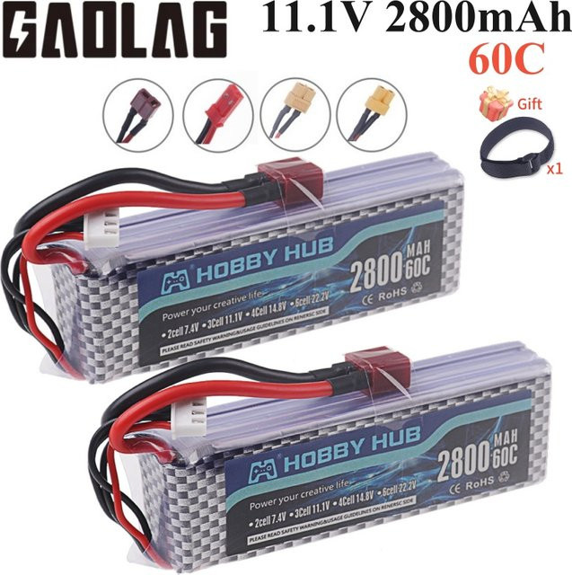 GAOLAG Li-Ion Pack 2er-Set 11,1 V 2800mAh 3S 60C Multicolour mit T/JST/XT30/XT60 Stecker für RC Hubschrauber, Flugzeuge, Quadcopter und Autos - Bild 1