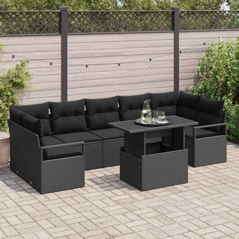 Vidaxl Garten-Sofa-Set aus Polyrattan mit 8-teiligem Kissen-Set in Schwarz, Modernes Loungemöbel aus Polyrattan und Stahl, B/T/H: 100 x 55 x 73 cm - Bild 1