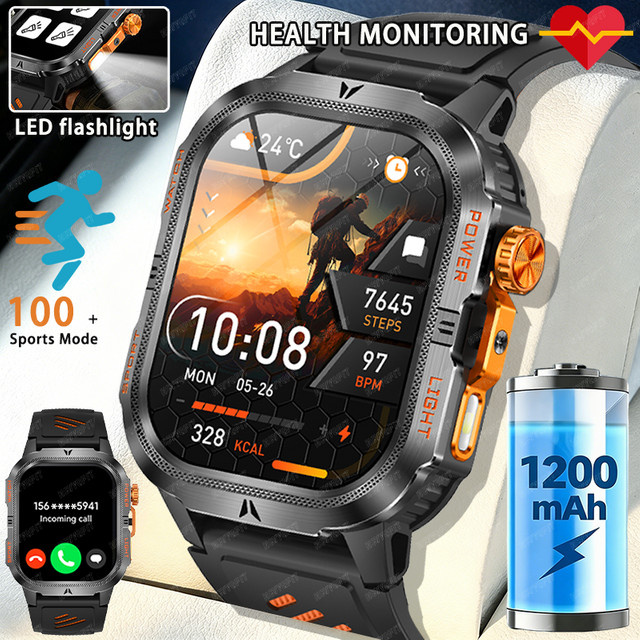 HSVYGFIT Smartwatch in Militärqualität für Herren mit 1200-mAh-Akku, 2,01 Zoll HD-Display, IP68 wasserdicht, Bluetooth-Anrufe und 100+ Sportmodi, Schwarz - Bild 1