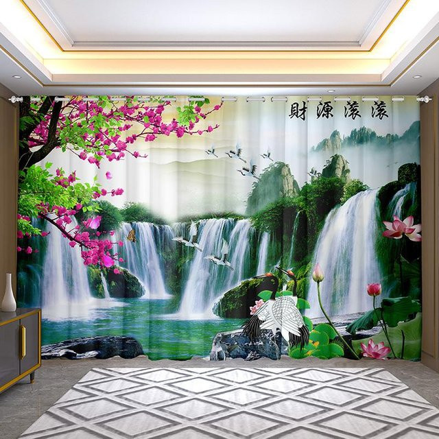 Yiran Furniture 2-teiliges Set chinesische Vorhänge mit Pferdelandschaftsmalerei, rustikaler Design-Druck, halbtransparent, Mehrfarbig, B: 100 cm, H: 130 cm - Bild 1