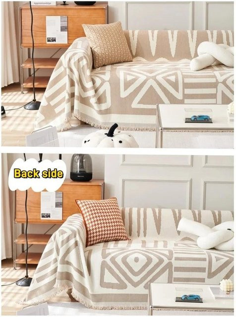 Rutschfester Chenille Sofabezug in Beige, doppelseitig verwendbare Bohème Couchdecke für das Wohnzimmer - Bild 1