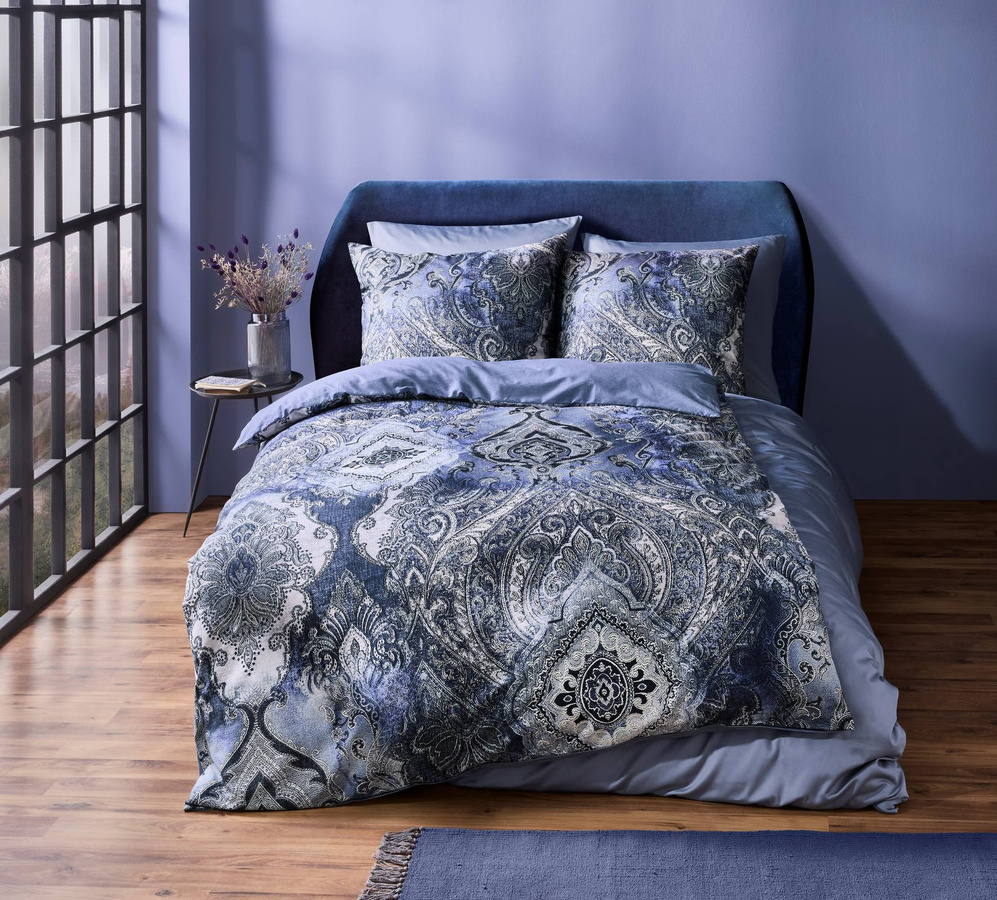 Fleuresse Mako-Satin Bettwäsche mit Ornamente Paisley in Blau und Grau, B/H: 135 x 200 cm mit Kissenbezug 80 x 80 cm - Bild 1