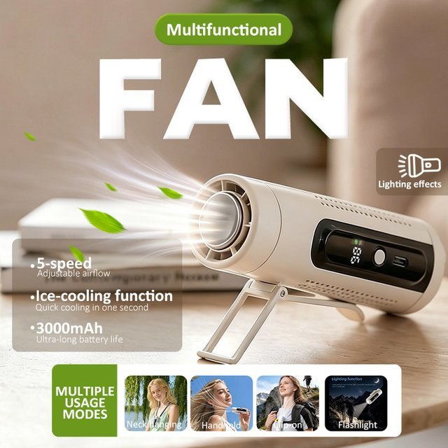 HAOYUNMA 5-in-1 Tragbarer Ventilator mit Eiskühlung und Taschenlampe, Weiß, 3000 mAh Akku, USB-aufladbar mit LED-Anzeige und 5 Geschwindigkeitsstufen - Bild 1