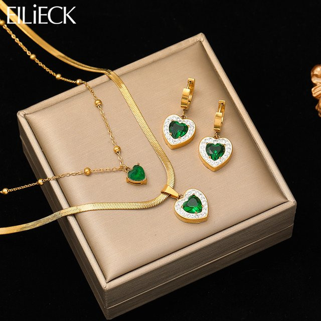 Eilieck Schmuck-Set Edelstahl, grüne Zirkonia, Damen - Bild 1