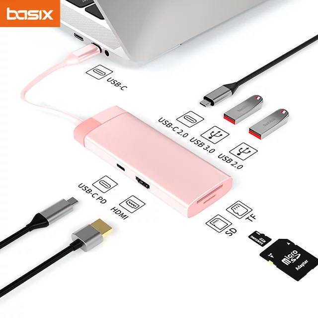 Basix 7-in-1 USB-C-Hub Dockingstation mit PD 100W, HDMI, USB 3.0, USB-C 2.0 sowie SD und TF Kartenleser für MacBook Pro und Air M1 M2 in Grün oder Pink - Bild 1