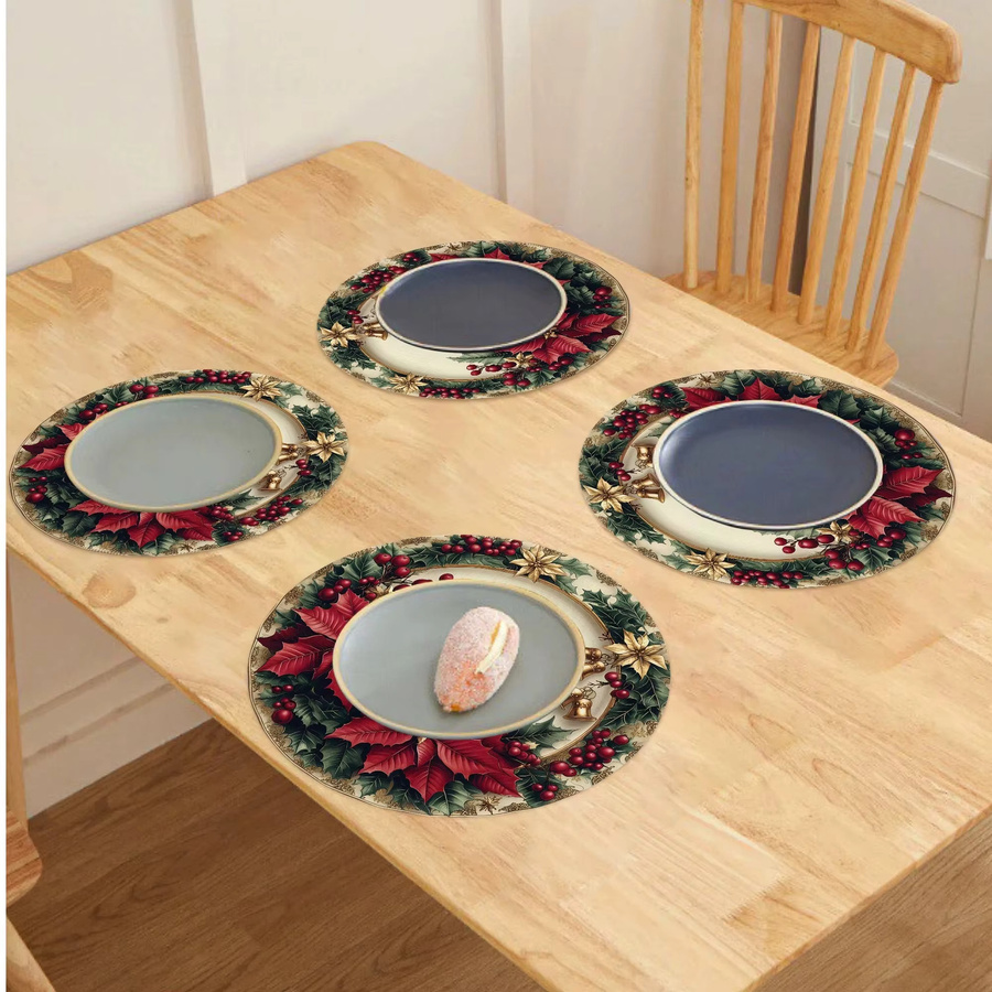 VIKAMA 4-teiliges Set weihnachtliche Tischsets in Rot, quadratisch mit floralem Design, wasserdicht und wärmeisolierend - Bild 2