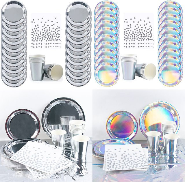 WEIGAO Einweggeschirr Set aus Papier in Laser Silber für Geburtstag und Hochzeit - Bild 1