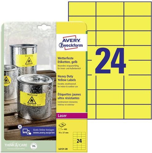 Avery Zweckform L6131-20 Folien-Etiketten Gelb, Polyester-Folie, 480 Stück, B: 7 cm, H: 3,7 cm, permanent haftend für Laserdrucker - Bild 1