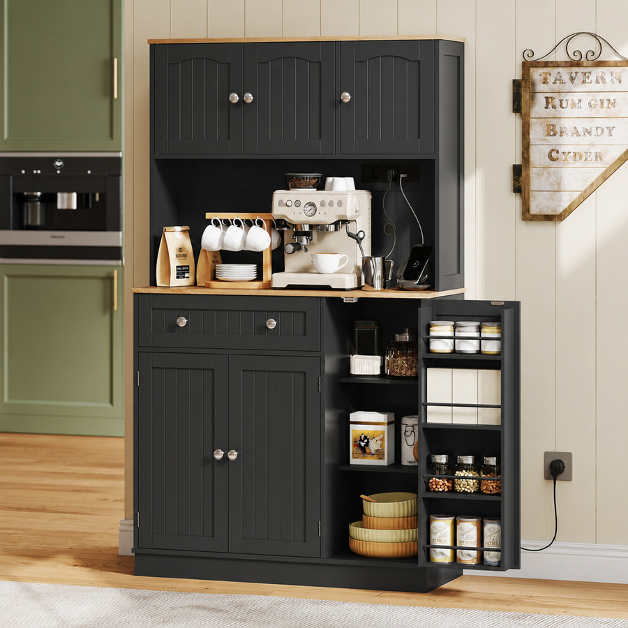 HOMCOM Küchenschrank mit Steckdosen und USB-Ports, hoher Aufbewahrungsschrank mit 6 Türen und Arbeitsfläche in Schwarz, B: 100 cm, T: 40 cm, H: 173 cm - Bild 2