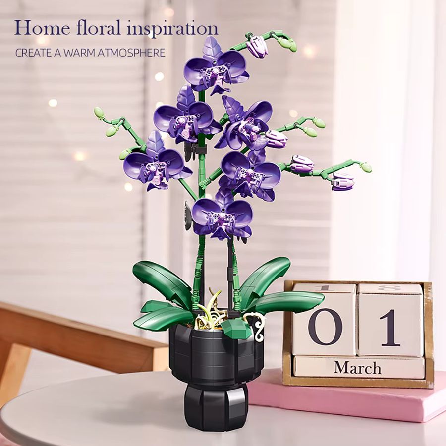 KNEW BUILT Lila Phalaenopsis-Topf-Bausteinspielzeug als kreatives DIY-Blumen-Set zur Heimdekoration - Bild 3