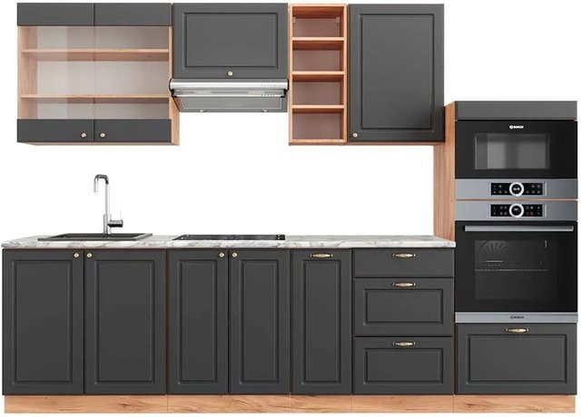 Vicco Fame-Line Küchenzeile Landhausstil in Anthrazit und Eiche mit Marmor-Optik, B/T/H: 280 x 60 x 82 cm - Bild 1