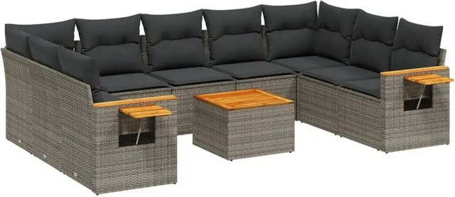 vidaXL 10-teilige Garten-Sofagarnitur aus Poly-Rattan und Akazienholz in Grau mit Kissen - Bild 1