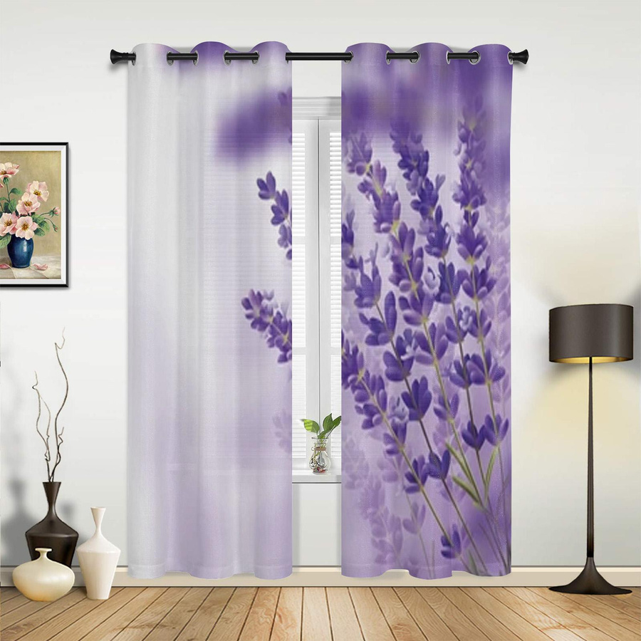 Moderne Super Six Fenstergardine mit floralem Design in Lavendel, halbtransparent, Breite: 135 cm, Höhe: 60 cm - Bild 1