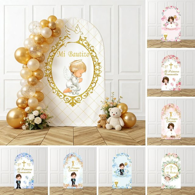 Yeele Mi Bautizo Rundbogen-Hintergrund mit goldenen Kreuztauben und floralem Blumenmuster in Gold für deine Baby-Taufe-Fotografie - Bild 1