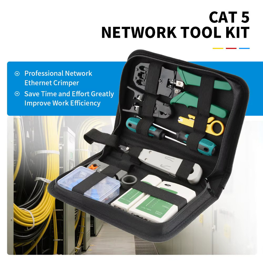 RJ45 Netzwerk-Werkzeugset mit Crimpzange für 8P6P4P, Kabeltester, Abisolierzange, Eintreibwerkzeug, Schraubendreher und K1-Verbindern für Datenkabel - Bild 2