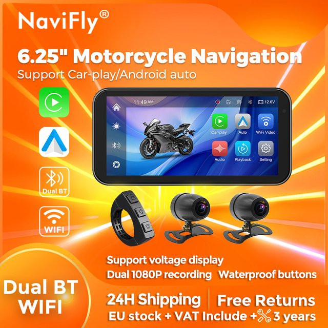 Navifly Tragbares Motorrad-Navigationssystem mit 6,25 Zoll Touchscreen, IP67 Wasserdicht, Drahtloses CarPlay und Android Auto, 1080P Full HD, GPS und TPMS, Schwarz - Bild 1