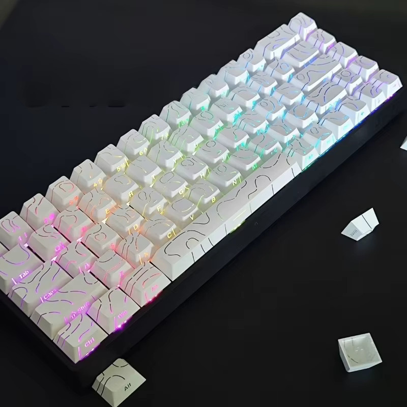 Weiße PBT-Tastenkappen mit topografischem Design und Double-Shot-Seitenbedruckung für mechanische MX-Gamer-Tastaturen, 97 Tasten, durchscheinend und hintergrundbeleuchtbar - Bild 2