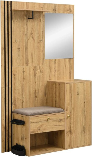 okwish Garderoben Set mit Spiegel, Sitzbank und Schuhschrank für den Flur in Natur, B/T/H: 115 x 37 x 185 cm - Bild 1