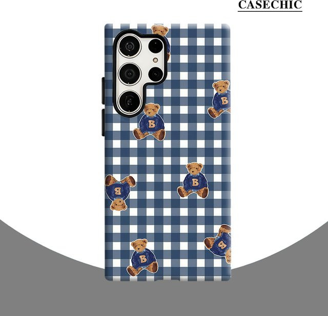 Stoßfeste Doppelschicht Handyhülle mit kariertem Teddy-Charm für Samsung Galaxy S26 S25 S24 S23 Ultra Plus in Blau - Bild 1