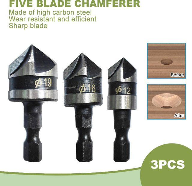 3er Set Senkerbohrer mit Fünfklinge und Sechskantschaft für die Holzbearbeitung, Schwarz, Durchmesser: 12 mm, 16 mm, 19 mm - Bild 1