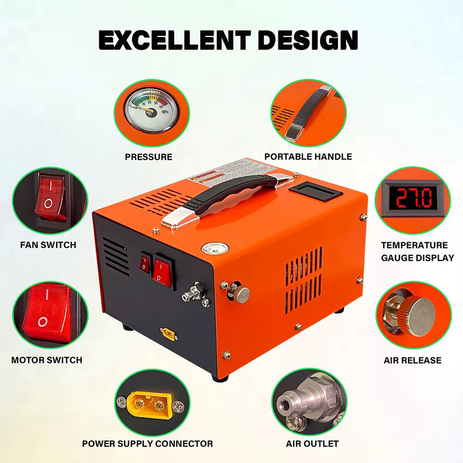 Podofo Tragbarer PCP-Luftkompressor 4500Psi 30Mbar in Orange, 280W, 12V DC/220V AC, Ölfrei und Wasserfrei mit manuellem Stopp und externem Stromadapter - Bild 3