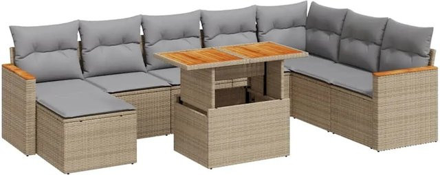 vidaXL 9-teilige Garten-Sofagarnitur aus Poly-Rattan und Akazienholz in Beige-Grau mit Kissen - Bild 1