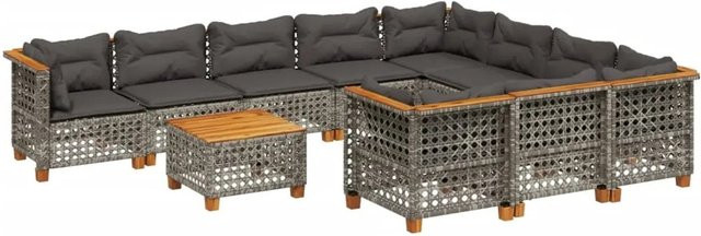 vidaXL 11-tlg Garten-Sofagarnitur aus Poly Rattan und Akazienholz in Grau mit Kissen Modell 94 - Bild 1