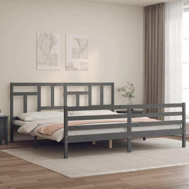 Massivholzbett aus Kiefer mit Kopfteil von Vidaxl, Grau, B: 200 cm, H: 205,5 cm, T: 200 cm - Bild 1
