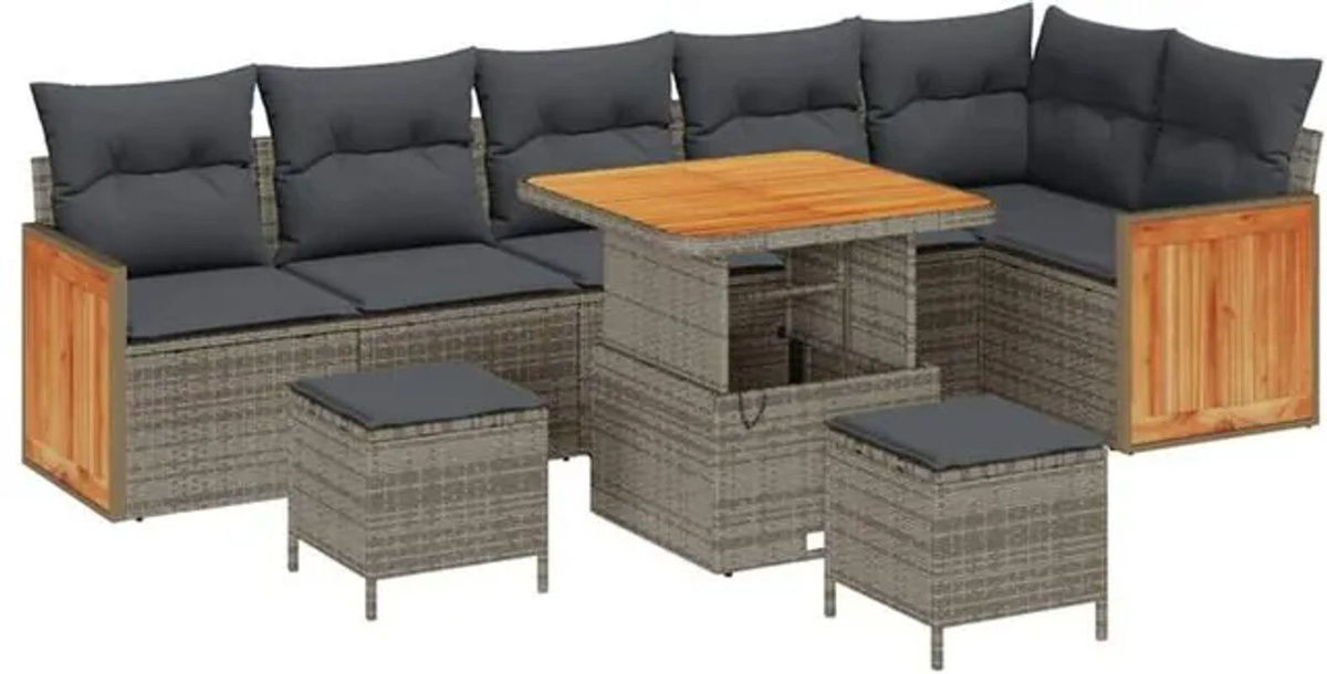 vidaXL Polyrattan Garten-Sofa-Set mit 9 Teilen in Grau, modulares Loungemöbel-Set mit Kissen, B/T/H: 80 x 80 x 71 cm - Bild 1