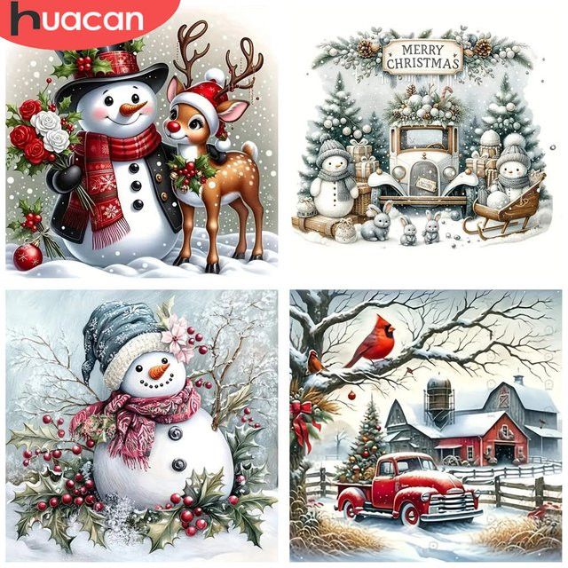 HUACAN Diamant-Malerei Weihnachten mit Schneemann und Rentier, 5D-DIY Mosaik-Kunstwerk mit Full Round Steinen auf Leinwand - Bild 1