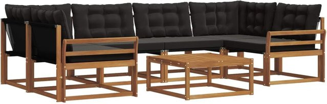 vidaXL Outdoor-Sofagarnitur 7-teilig in U-Form aus Akazienholz und Textilene mit Kissen, Schwarz/Natur - Bild 1