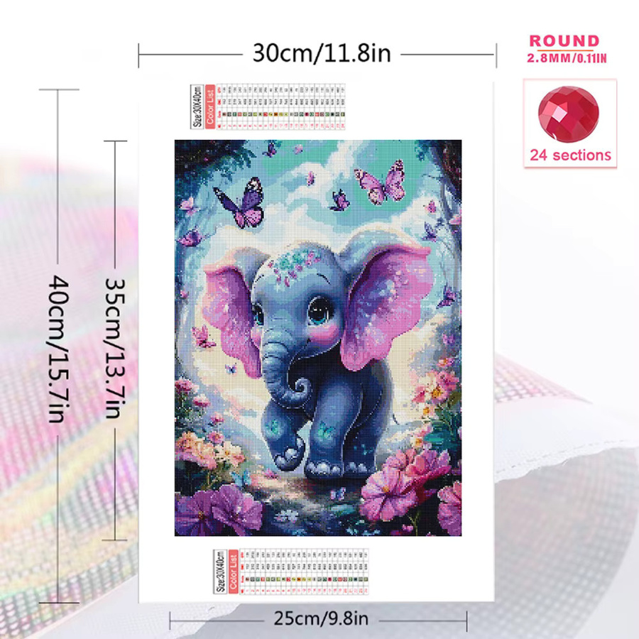 Momoart DIY Diamantmalerei Rund mit Elefant und Blumen als Wanddekoration, Multicolour, B/H: 30 x 20 cm - Bild 2