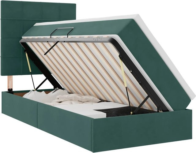 vidaXL Bett mit Stauraum und LED-Beleuchtung aus Samt in Dunkelgrün, B/T/H: 90 x 200 x 128 cm - Bild 1