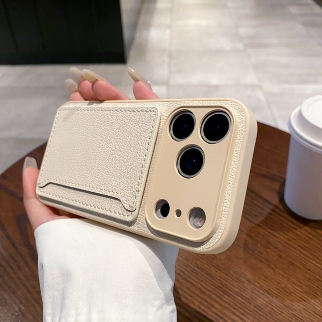 RPKKS Litschi-Leder Handyhülle mit Kartentasche für iPhone 11 bis iPhone 17 Air in Beige - Bild 1