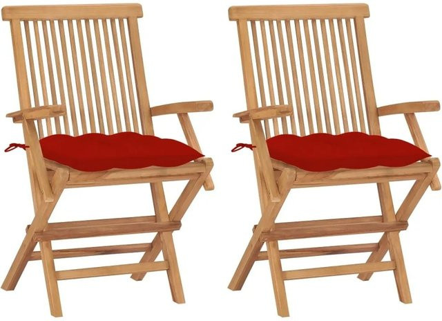 vidaXL Gartenstühle aus Teak-Massivholz mit roten Kissen, 2er Set, stapelbar - Bild 1