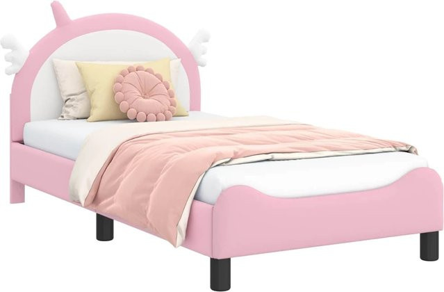 vidaXL Kinderbettgestell mit Kopfteil in Rosa, gepolstert mit Kunstleder und Seitenfächern, B/T/H: 168 x 80 x 84 cm - Bild 1