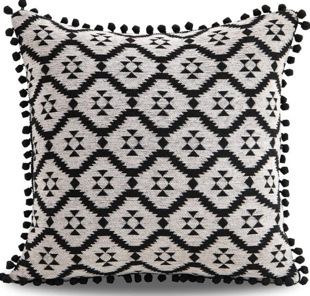 Boho Kissenbezug mit Pompon in Schwarz-Weiß, quadratisch, B/B: 45 x 45 cm - Bild 1