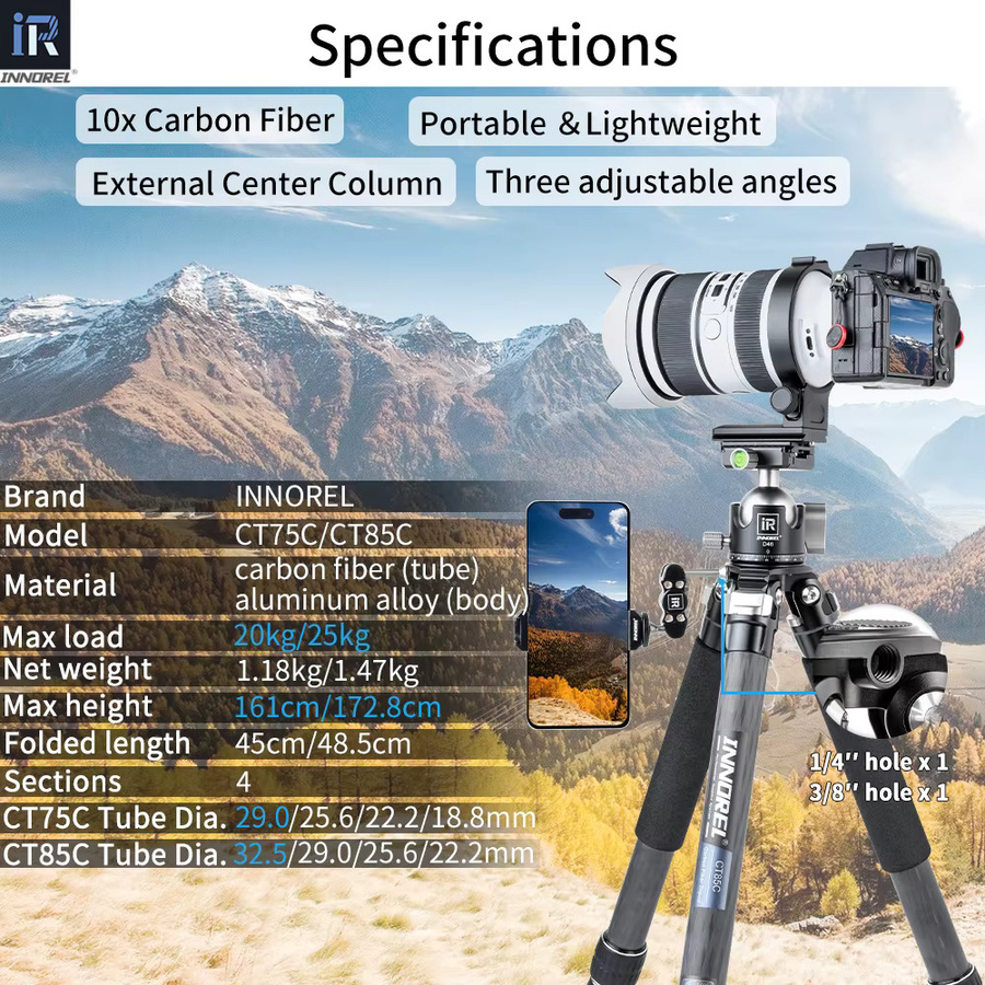 INNOREL CT75C/85C Kohlefaser-Stativ in Schwarz mit Kugelkopf und verstellbarer Mittelsäule für DSLR-Kameras - Bild 2