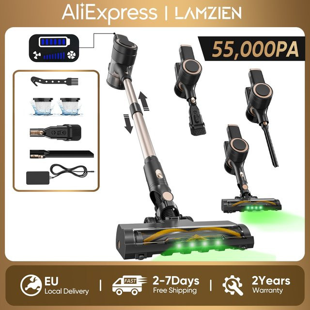 Lamzien V8MAX Akku-Staubsauger Schwarz mit 55000PA Saugkraft, HEPA-Filtration, LED-Scheinwerfer und Anti-Tangle-Bürste für Tierhaare, Hartböden und Teppiche - Bild 1